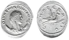 Roman Imperial Coinage Mariniana (Wife of Valerianus I) - BI Antoninianus (Rome AD 253-4, 3.58 g) - DIVAE MARINIANAE, veiled and draped bust right, crescent behind shoulders / CONSECRATIO, peacock fly
