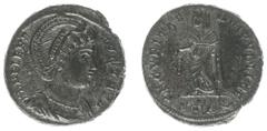 Roman Imperial Coinage Helena - BI Centenionalis (Trier AD 326, 3,48 g) - FL HELENA AVGVSTA, diademed and draped bust right / SECVRITAS REIPVBLICE, Helena standing left holding lowered branch in right