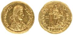 Roman Imperial Coinage Honorius (393-423) - AV Solidus (Mediolanum AD 395-423, 4.43 g) - DN HONORIVS PF AVG Pearl-diademed, draped and cuirassed bust right / VICTORIA AVGGG Honorius standing right, ho