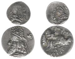 Ancient coinage / Persis Persis - Vādfradād V dynasty, late 1st cent-211 AD - Mančhīr III - AR Hemidrachm (1.56 g) & AR Obol (0.50 g), Bust left, wearing Parthian-style tiara and diadem, on hemidrachm