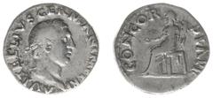 Roman Imperial Coinage Vitellius (69) - AR Denarius (Rome, late april-december AD 69) - A VITELLIVS GERM IMP AVG TRP Laureate head right / CONCORDIA PR Concordia seated left, holding patera and cornuc