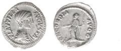 Roman Imperial Coinage Plautilla (202-205) - AR Denarius (Rome AD 202, 3.32 g) – PLAVTILLA AVGVSTA, draped bust right / CONCORDIA AVGG, Concordia standing, holding patera and sceptre (RIC 363, BMCRE 2