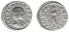 Roman Imperial Coinage Julia Maesa - AR Denarius (Rome AD 218-20, 2.47 g) - IVLIA MAESA AVG, draped bust right / FECVNDITAS AVG, Fecunditas extending right hand over child at her feet and holding corn