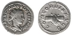 Roman Imperial Coinage Herennius Etruscus (250-251) - AR Antoninianus (Rome AD 251, 3.81 g) - Q HER ETR MES DECIVS NOB C, radiate and draped bust right / CONCORDIA AVGG, clasped right hands (RIC 138, 