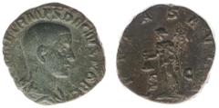 Roman Imperial Coinage Herennius Etruscus (250-251) - AE As (Rome AD 251, 11.67 g) - Q HER ETR MES DECIVS NOB C, bare-headed and draped bust right / PIETAS AVGG, Mercury standing, holding purse and ca