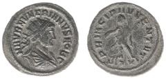 Roman Imperial Coinage Carinus (283-284) - BI Antoninianus (Ticinum AD 282, 3.64 g) - PRINCIPI IVVENT, Carinus standing in military attire, holding standard and sceptre, XXI preceded by officina mark 