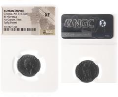 Roman Imperial Coinage Crispus (317-326) - BI Centenionalis (Trier AD 321) - IVL CRISPVS NOB CAES, laureate and cuirassed bust left, holding spear and shield / BEATA TRANQVILLITAS, globe on altar, ins