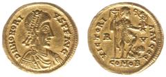 Roman Imperial Coinage Honorius (393-423) - AV Solidus (Ravenna AD 402-3 and 405-6, 4.44 g) - D N HONORIVS P F AVG, diademed, draped and cuirassed bust right / Honorius standing right, holding standar