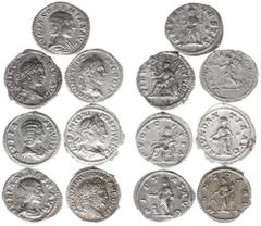 Ancient coins in lots / Roman coinage Beautiful lot of 7 Denarii: Julia Soaemias, Venus RIC IV 214; Julia Maesa, Pietas RIC 263; Julia Domna, Pudicitia RIC 644; Caracalla, Moneta RIC 308, Victoria RIC