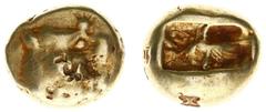 Ancient coinage / The East Asia Minor - Lydia - Kings of Lydia - EL Trite (Sardes, time of Alyattes to Kroisos, c. 610-546 BC, 4.68 g) - 3 g) - Head of roaring lion right, 'sun' with multiple rays on 