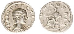 Roman Imperial Coinage Julia Paula (219-220) - AR Denarius (Rome AD 220, 2.86 g) - IVLIA PAVLA AVG, draped bust right / CONCORDIA, Concordia enthroned left, holding patera and resting left arm on thro