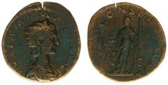 Roman Imperial Coinage Julia Mamaea (+235) - AE Sestertius (Rome AD 222, 26.09 g) – IVLIA MAMAEA AVG, diademed and draped bust right / IVNO CONSERVATRIX, Juno standing holding patera and sceptre, peac
