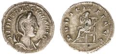 Roman Imperial Coinage Herennia Etruscilla - AR Antoninianus (Rome AD 250, 3.49 g) – HER ETRVSCILLA AVG, diademed and draped bust right, the hair carried up back of head in A PLAIT, crescent behind sh