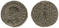 Roman Imperial Coinage Carinus (283-284) - BI Antoninianus (Siscia AD 282, 3.51 g) - M AVR CARINVS NOB CAES, radiate and cuirassed bust left / PRINCIPI IVVENT, Carinus in military attire, holds baton 