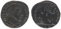 Roman Imperial Coinage Maximinus Daia (305-313) - BI Follis (Aquileia AD 312-13, 4.02 g) – IMP MAXIMUNVS P F AVG, laureate bust right / SOLI INVICTO COMITI, Sol standing, raising right hand and holdin