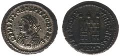 Roman Imperial Coinage Crispus (317-326) - BI reduced Follis (Heraclea AD 317, 2.79 g) - D N FL IVL CRISPVS NOB CAES, laureate and draped bust left , holding mapa in right hand and globe and sceptre i