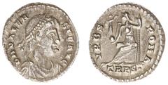 Roman Imperial Coinage Valens (364-378 n.Chr.) - AR Siliqua (Trier AD 368-75, 2,29 g) - D N VALENS P F AVG, diademed, draped and cuirassed bust right / VRBS ROMA, Roma seated left on throne, holding V