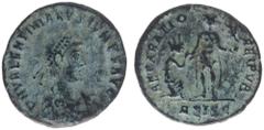 Roman Imperial Coinage Valentinianus II (375-392) - AE Double Centenionalis (Siscia AD 379-83, 3.98 g) – D N VALENTINIANVS IVN P F AVG, diademed, draped and cuirassed bust right / REPARATIO REI PVB, V