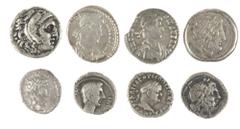 Ancient coins in lots - Roman coinage Ancient coins in lots - Roman coinage - A mixed small lot ancient silver coins: a Republican AR Victoriatus (211-208, anonymous), a Macedonian Drachm of Alexander