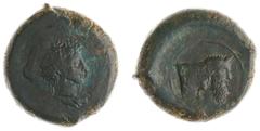 Ancient coinage / Italy Italy - Sicily - Herbessos - AE Drachm (c. 338-336 BC, 30.10 g) - Wreathed head of female nymph or deity (Sikelia?) to right / Forepart of man-headed bull to right (Calciati II
