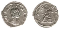 Roman Imperial Coinage Julia Paula (219-220) - AR Denarius (Rome AD 220, 2.84 g) - IVLIA PAVLA AVG, draped bust right / CONCORDIA, Concordia enthroned left, holding patera and resting left arm on thro