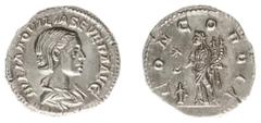 Roman Imperial Coinage Aquilia Severa (221) - AR Denarius (Rome AD 221, 3.29 g) - IVLIA AQVILIA SEVERA AVG, draped bust right / CONCORDIA, Concordia standing, sacrificing over lighted altar and holdin