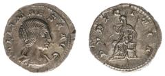 Roman Imperial Coinage Julia Maesa - AR Denarius (Rome AD 218-20, 2.93 g) – IVLIA MAESA AVG, draped bust right / PVDICITIA, Pudicitia seated left, drawing out veil from shoulder with right hand and ho