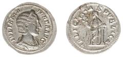Roman Imperial Coinage Julia Mamaea (+235) - AR Denarius (Rome AD 228, 2.98 g) – IVLIA MAMAEA AVG, diademed and draped bust right / FELICITAS PVBLICA, Felicitas standing, legs crossed, holding caduceu