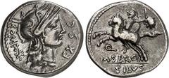 RÖMER RÖMISCHE REPUBLIK : Silbermünzen. Marcus Sergius Silus, Quaestor 116 oder 115 v. Chr. Denar 3,80g. Romakopf n.r.; l. Denarzeichen ROMA - EX. S. C / M.SERGI - SILVS Reiter prescht n.l. u. präsent