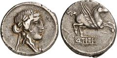 RÖMER RÖMISCHE REPUBLIK : Silbermünzen. Quintus Titius 90 v. Chr. Denar 3,93g. Liberkopf n.r. / Steigender Pegasus auf Basis mit Q TITI n.r. Cr. 341/2, Bab. Titia 2. .