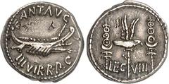 RÖMER IMPERATORISCHE PRÄGUNGEN. MARCUS ANTONIUS 44-30 v. Chr. Denar (32/32 v.Chr.) 3,62g. Galeere n. r. ANT AVG III VIR RPC / LEG VIII Legionsadler zwischen 2 Standarten. Cr. 544/21, BMC 199, C. 35, S