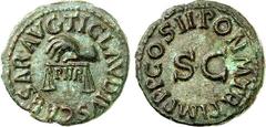 RÖMER RÖMISCHES KAISERREICH. CLAUDIUS 41-54. AE-Quadrans (42) 2,42g. Hand mit Waage über PNR. TI CLAVDIVS CAESAR AVG / PON M. TR. P. IMP. P P COS II um großes S C. RIC 91, BMC 181, C. 73. . tiefgrüne 