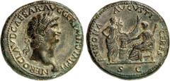 RÖMER RÖMISCHES KAISERREICH. NERO 54-68. AE-Sesterz (64) 29,95g, Rom. Kopf m. Lkr. n.links NERO CLAVD CAESAR AVG GER P M TR P IMP P P / ANNONA - AVGVSTI - CERES - S C Ceres sitzt n.l., vor Annona, n.r