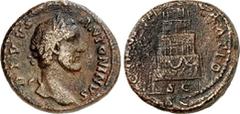 RÖMER RÖMISCHES KAISERREICH. Divus Pius z.Z. Marcus Aurelius 161. AE-Sesterz 25,93g. Belorbeerter Kopf n.r. DIVVS - ANTONINVS / CONSECRATIO Rogus mit Quadriga. RIC 1268, C. 167. . Rs. Überprägungsspur