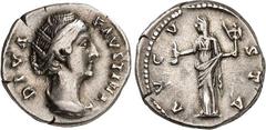 RÖMER RÖMISCHES KAISERREICH. Diva Faustina senior z.Z. Antoninus Pius 141/161. Denar 3,38g. Pallabüste n.r. D I V A - FAVSTINA / AVGV-STA Faustina-Vesta steht m. Palladium u. Simpuvium n.l. RIC 368, B