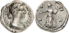 RÖMER RÖMISCHES KAISERREICH. Faustina iunior z.Z. Antoninus Pius 145-161. Denar (156/161) 3,20g. Drap. Büste n. r. , Haarknoten mit einer Perlenschnur FAVSTINA AVGVSTA / IVNO Juno steht n. l. , hält S