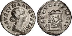 RÖMER RÖMISCHES KAISERREICH. Faustina iunior z.Z. Marcus Aurelius 161-176. Denar (161) 2,78g. Drapierte Büste mit Diadem n. r. FAVSTINA - AVGVSTA / SAECVLI FELICIT Thron, auf dem die Zwillinge Commodu