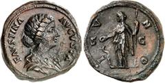 RÖMER RÖMISCHES KAISERREICH. Faustina iunior z.Z. Marcus Aurelius 161-176. AE-Sesterz (161-175) 25,85g. Pallabüste n.r. FAVSTINA - AVGVSTA / I-V-N-O - S - C Iuno steht n.l.; l. Pfau. RIC 1645, BMC 914