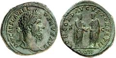 RÖMER RÖMISCHES KAISERREICH. LUCIUS VERUS 161-169. AE-Sesterz (162) 23,37g. Kopf mit Lorbeerkranz n.r. IMP CAES L AVREL VERVS AVG / CONCORD AVGVSTOR TR P II - COS II - S - C Marc Aurel und Lucius Veru