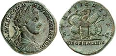 RÖMER RÖMISCHES KAISERREICH. COMMODUS, Augustus 177-192. AE-Sesterz (177) 23,49g. Paludamentbüste m. Lkr. n.r. IMP. L. AVREL. COMMO-DVS. AVG. GERM. SARM / [TR P II COS P P - S - C Waffenhaufen; unten 