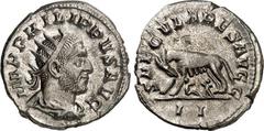 RÖMER RÖMISCHES KAISERREICH. PHILIPPUS I. Arabs 244-249. Antoninian (248) 4,23g. Drapierte Büste mit Strahlenkrone n. r. IMP PHILIPPVS AVGG / SAECVLARES AVGG Stehende Wölfin säugt Zwillinge, im Feld I