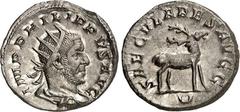 RÖMER RÖMISCHES KAISERREICH. PHILIPPUS I. Arabs 244-249. Antoninian (248) 4,21g, 5. Off. Büste mit Panzer, Paludamentum und Strahlenkrone n.r. IMP PHILIPPVS AVG / SAECVLARES AVGG Hirsch steht n.r.; im