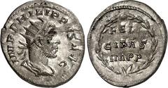 RÖMER RÖMISCHES KAISERREICH. PHILIPPUS I. Arabs 244-249. Antoninian (248/249) 4,01g. Paludamentbüste m. Strkr. n.r. IMP PHILIPPVS AVG / FELI-CIT.AS -IMPP im Lorbeerkranz. RIC 60, C. 39. . R min.Vs.-Pa