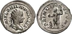 RÖMER RÖMISCHES KAISERREICH. Philippus II., Caesar 244-247. Antoninian (245/247) 3,82g. Palliumbüste m. Strkr. n.r. M IVL PHILIPPVS CAES / PRINCIPI I-VVENT Philippus steht n.l. RIC 218d, C. 48. . prfr