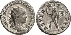 RÖMER RÖMISCHES KAISERREICH. PHILIPPUS II., Augustus 247-249. Antoninian (247) 3,97g. Paludamentbüste m. Strahlenkrone n.r. IMP M IVL PHILIPPVS AVG / AETER-NIT IMPER Sol schreitet n.l., hält Peitsche,