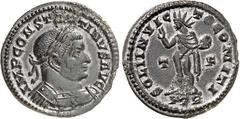 RÖMER RÖMISCHES KAISERREICH. CONSTANTINUS I. der Große, Augustus 306(310)-337. AE-Follis 23mm (310/313) 4,03g, Trier, 1. Off. Panzerbüste m. Lkr. n.r. IMP CONSTANTINVS AVG / SOLI INVIC-TO COMITI Sol s