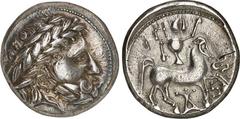 KELTEN DONAUKELTEN / OSTKELTEN. Typ Philippos II. von Makedonien. SERBIEN. Tetradrachmon, Typ "Puppenreiter". 13,31g. Kopf des Zeus mit Lorbeerkranz n.r. / Stilisiertes Pferd und Reiter n.r., hinter d