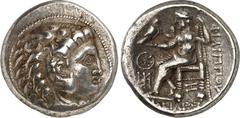 GRIECHEN MAKEDONIEN. KÖNIGREICH. Philippos III. Arrhidaios 323-317 v. Chr. Tetradrachmon 17,39g, ARADOS. Herakleskopf n.r. / FILIPPOY - BASILEWS Zeus aetophoros thront n.l.; l. 2 Monogramme; unten lie