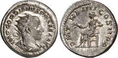 RÖMER RÖMISCHES KAISERREICH. GORDIANUS III. Augustus 238-244. Antoninian (241) 4,54g. Paludamentbüste m. Strkr. n.r.IMP GORDIANVS PIVS FEL AVG / P M T-R P IIII COS II P P Apollo thront n.l. RIC 88, C.