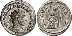 RÖMER RÖMISCHES KAISERREICH. PHILIPPUS I. Arabs 244-249. Antoninian (245) 4,12g. Paludamentbüste m. Strkr. n.r. IMP M IVL PHILIPPVS AVG / FELICITAS TEMP Felicitas steht n.l. RIC 31, C. 43. . breites P
